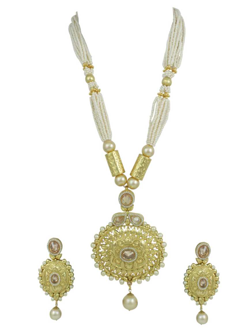LONG NECKLACE SET WITH PENDANT in CHECKERED POLKI Style | Design - 12555