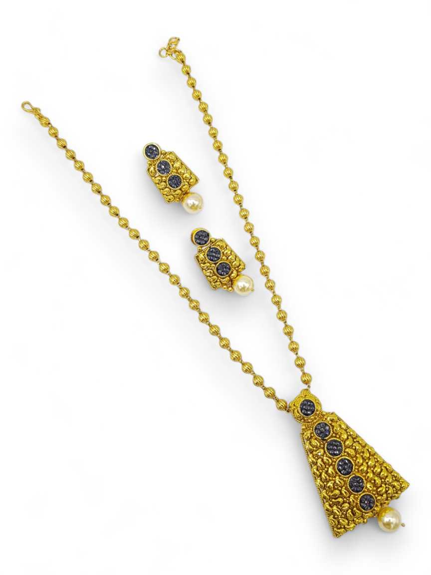 LONG NECKLACE SET WITH PENDANT in CHECKERED POLKI Style | Design - 12722