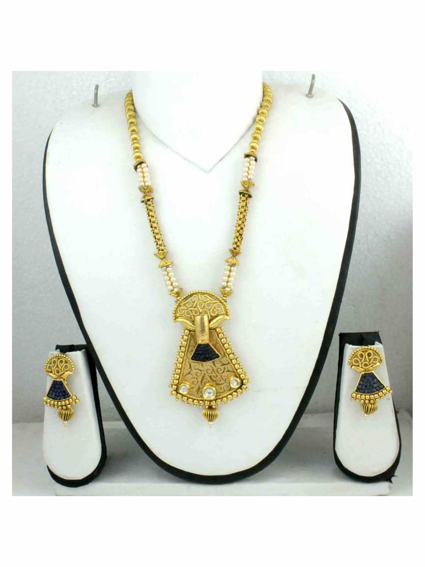 LONG NECKLACE SET WITH PENDANT in CHECKERED POLKI Style | Design - 12741