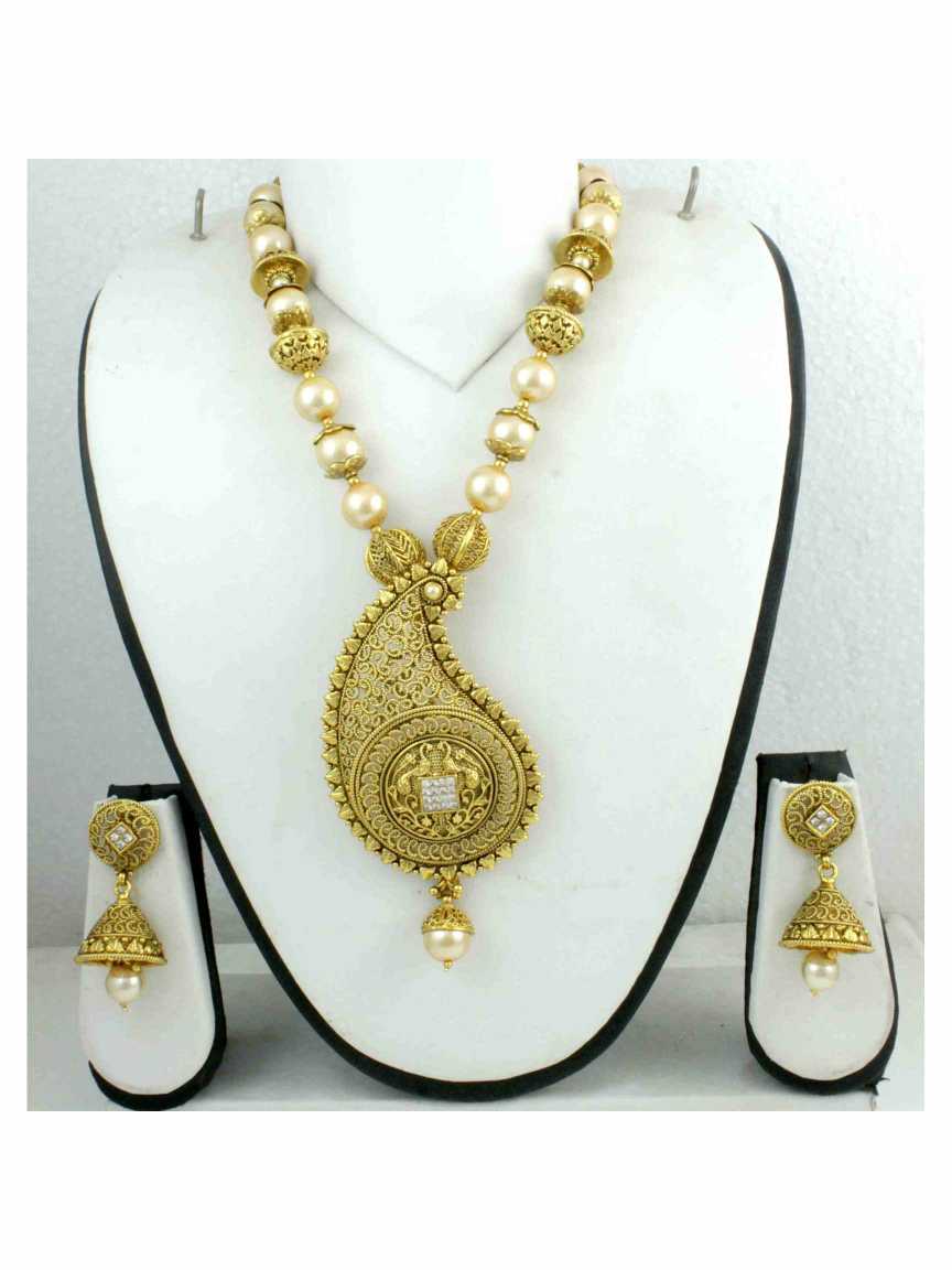 LONG NECKLACE SET WITH PENDANT in CHECKERED POLKI Style | Design - 12742