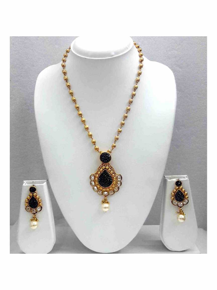 LONG NECKLACE SET WITH PENDANT in CHECKERED POLKI Style | Design - 13372