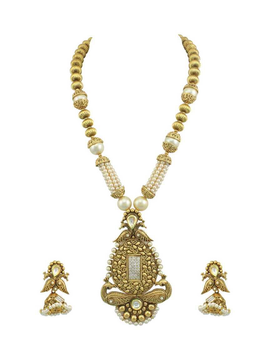 LONG NECKLACE SET WITH PENDANT in CHECKERED POLKI Style | Design - 13540