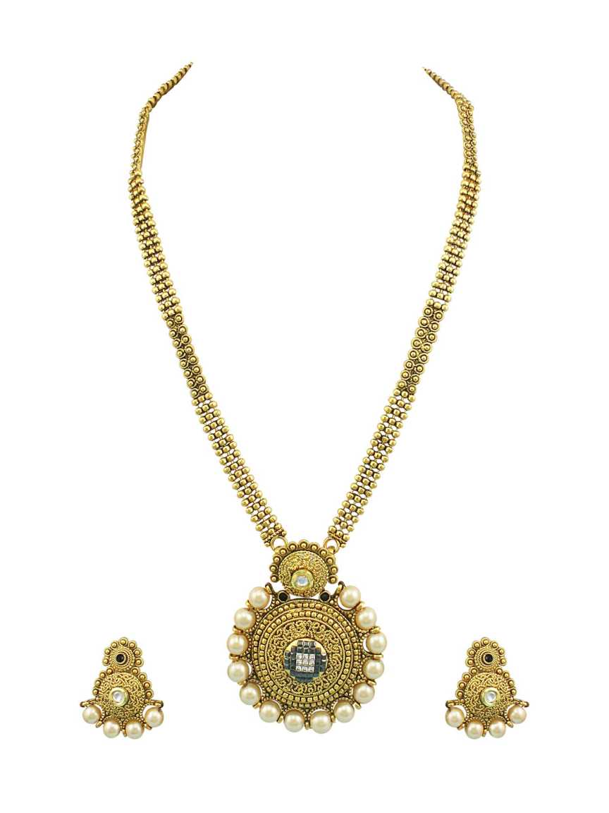 LONG NECKLACE SET WITH PENDANT in CHECKERED POLKI Style | Design - 13627
