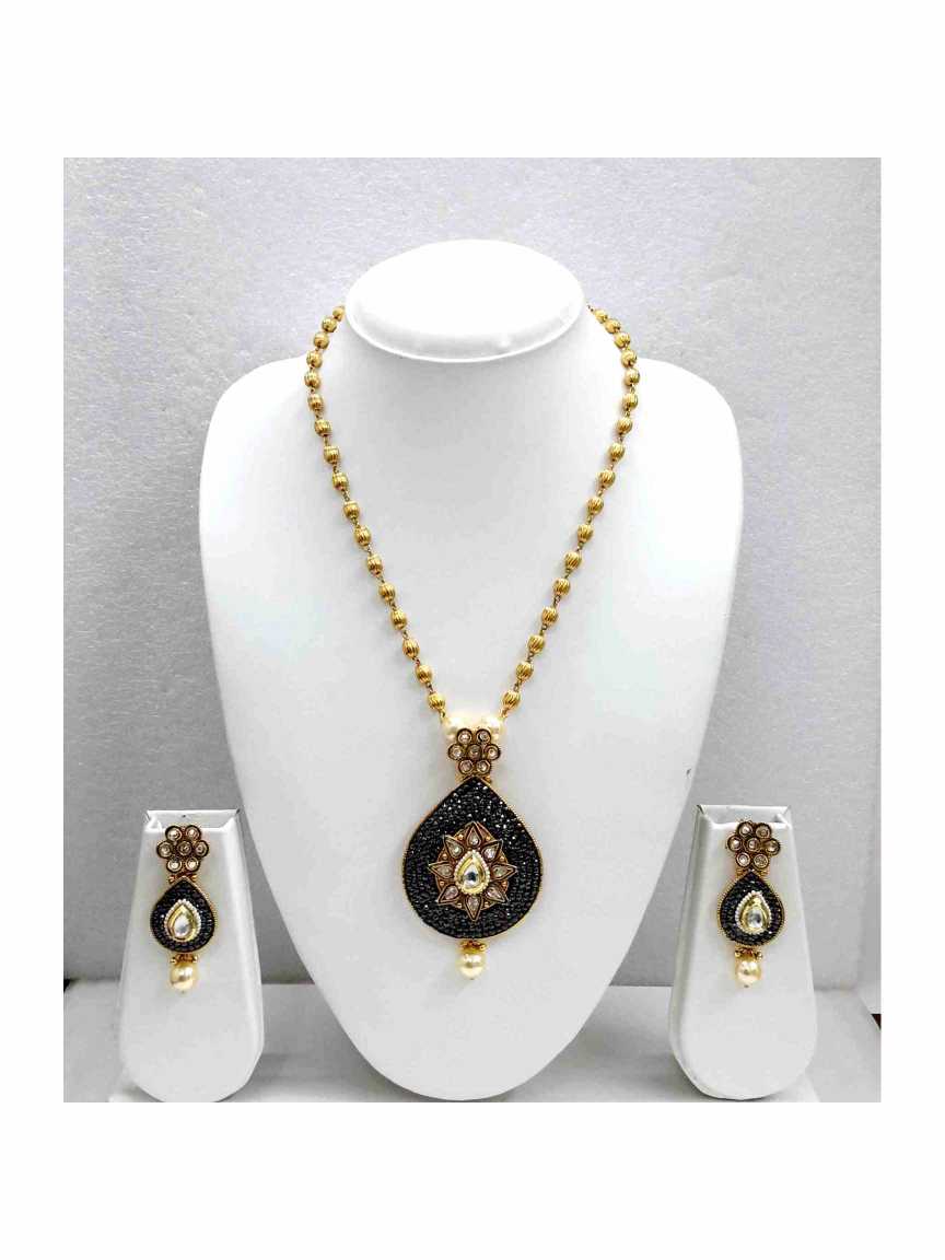 LONG NECKLACE SET WITH PENDANT in CHECKERED POLKI Style | Design - 13638