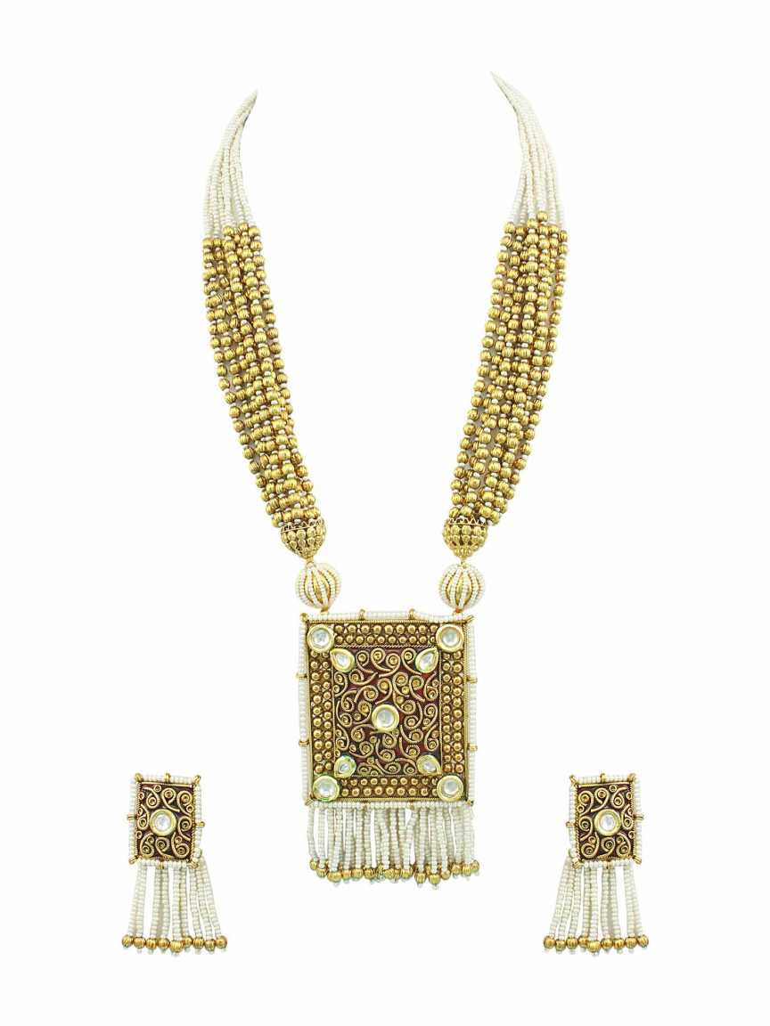 LONG NECKLACE SET WITH PENDANT in CHECKERED POLKI Style | Design - 13664