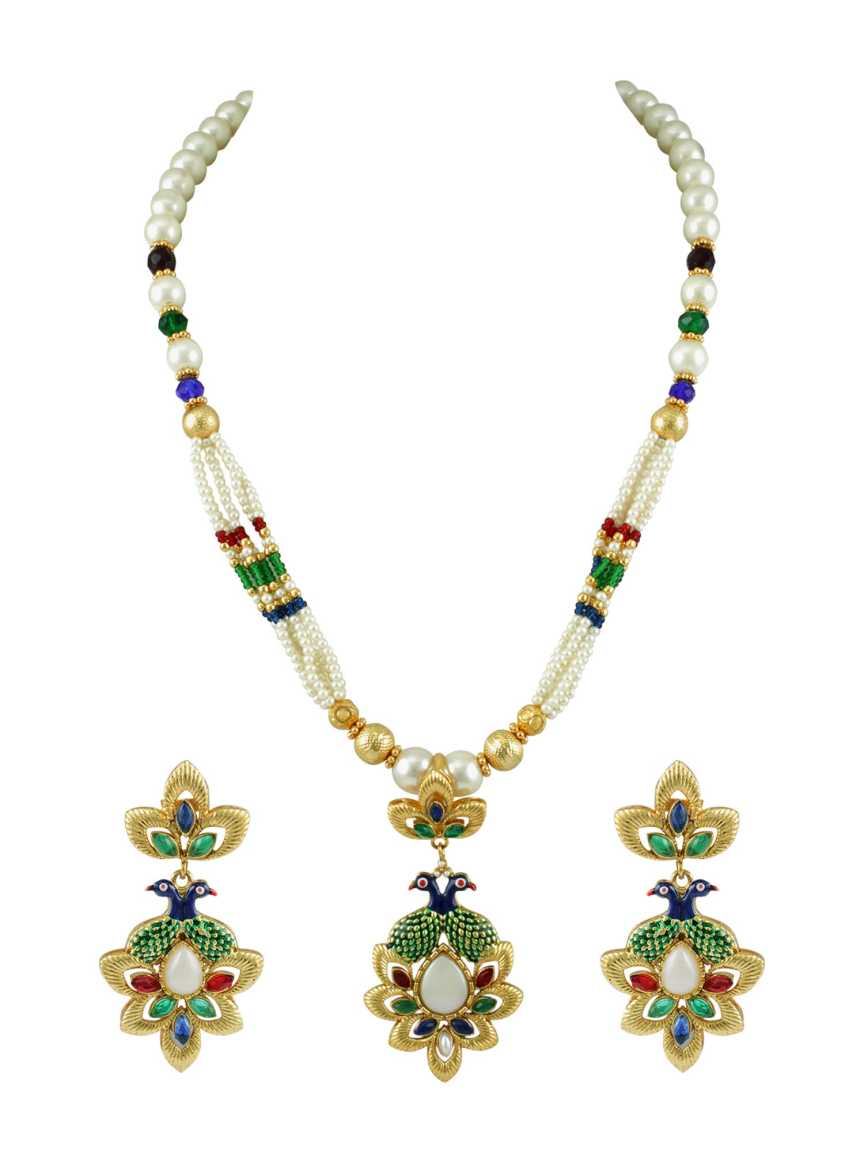 LONG NECKLACE SET WITH PENDANT in CHECKERED POLKI Style | Design - 13892