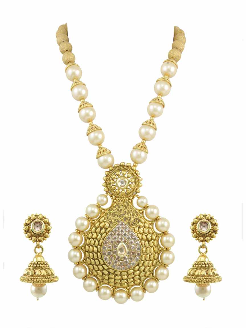 LONG NECKLACE SET WITH PENDANT in CHECKERED POLKI Style | Design - 13994