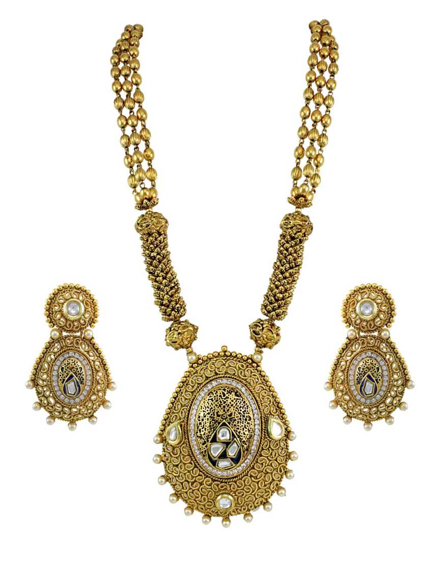 LONG NECKLACE SET WITH PENDANT in CHECKERED POLKI Style | Design - 14520