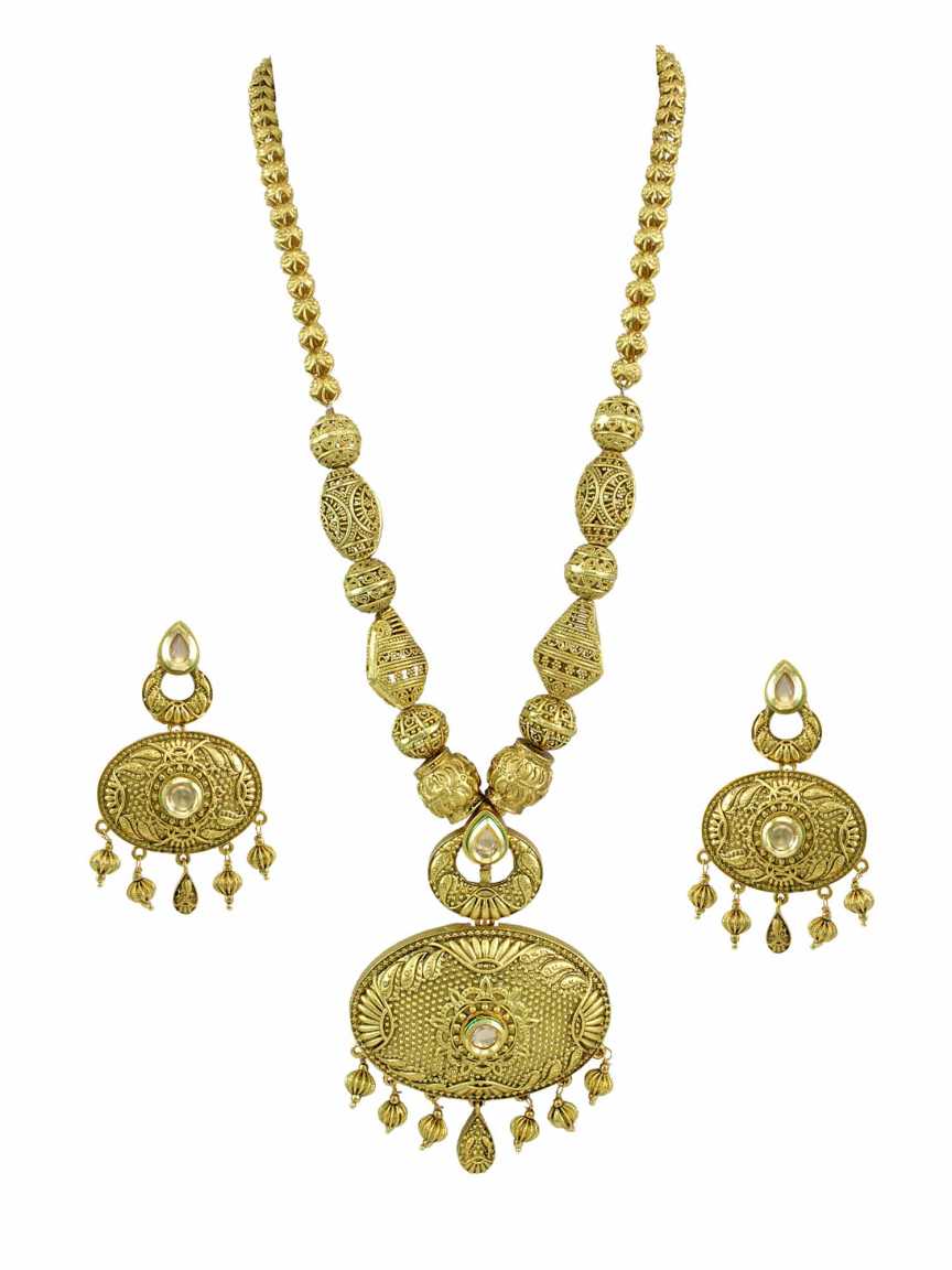 LONG NECKLACE SET WITH PENDANT in CHECKERED POLKI Style | Design - 14555