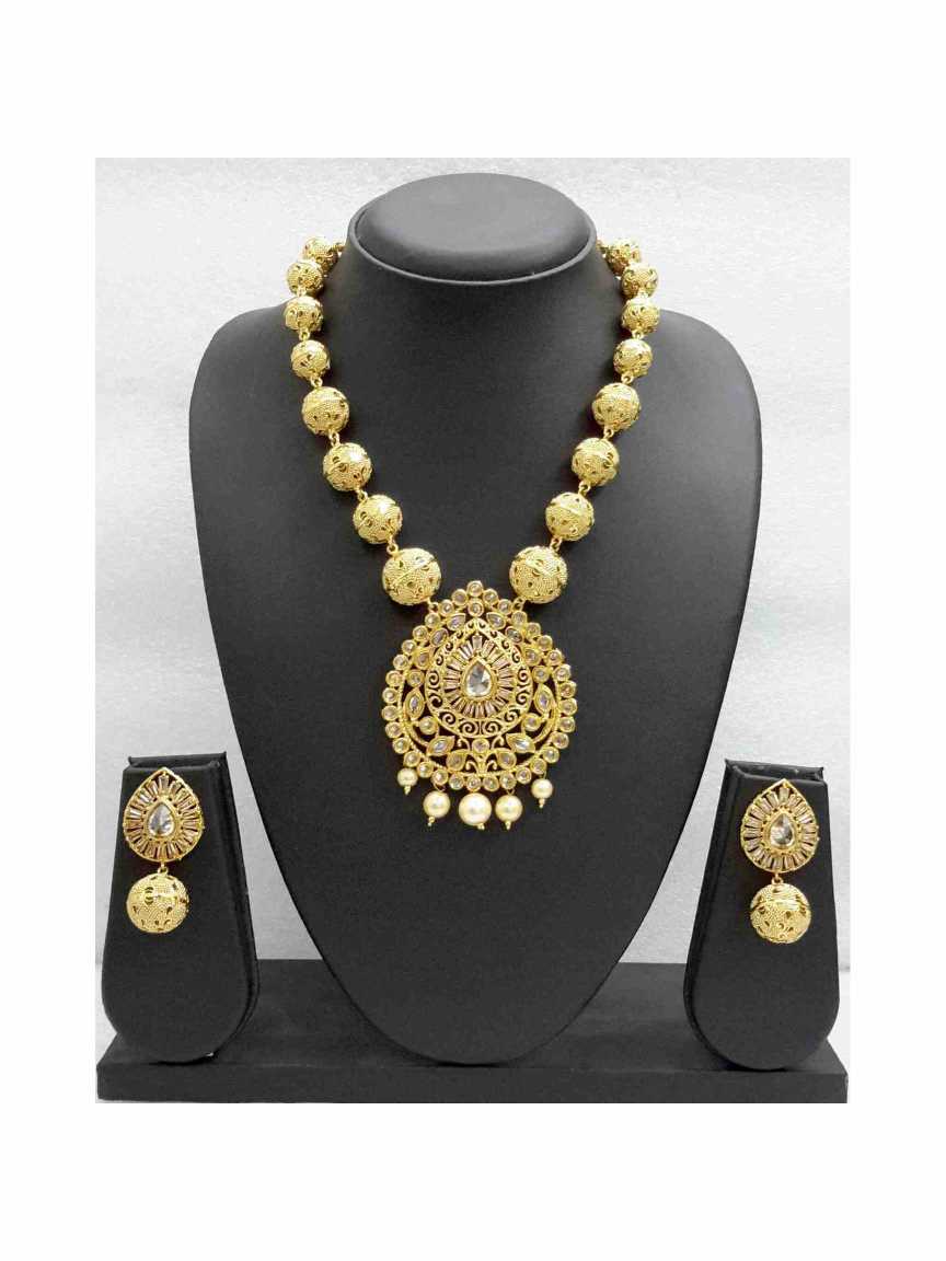 LONG NECKLACE SET WITH PENDANT in CHECKERED POLKI Style | Design - 14556