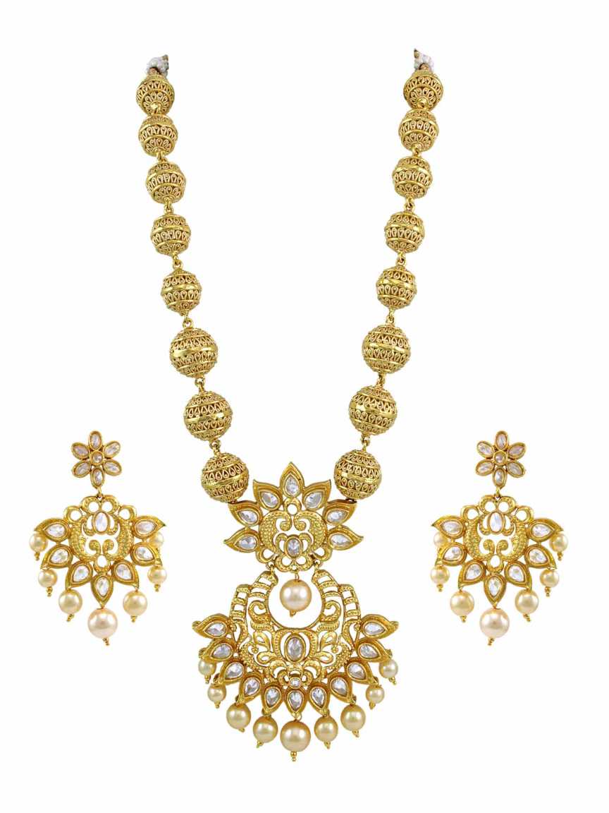 LONG NECKLACE SET WITH PENDANT in CHECKERED POLKI Style | Design - 14558