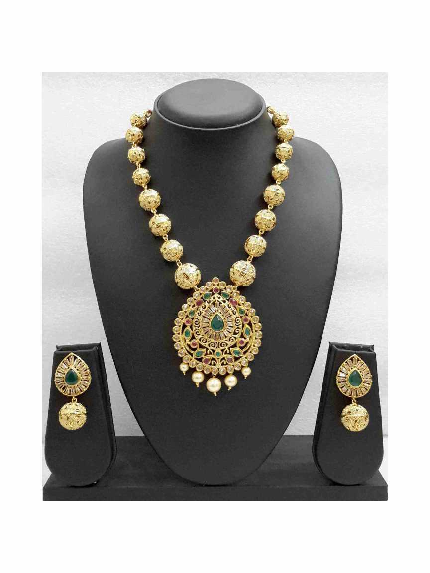 LONG NECKLACE SET WITH PENDANT in CHECKERED POLKI Style | Design - 14560