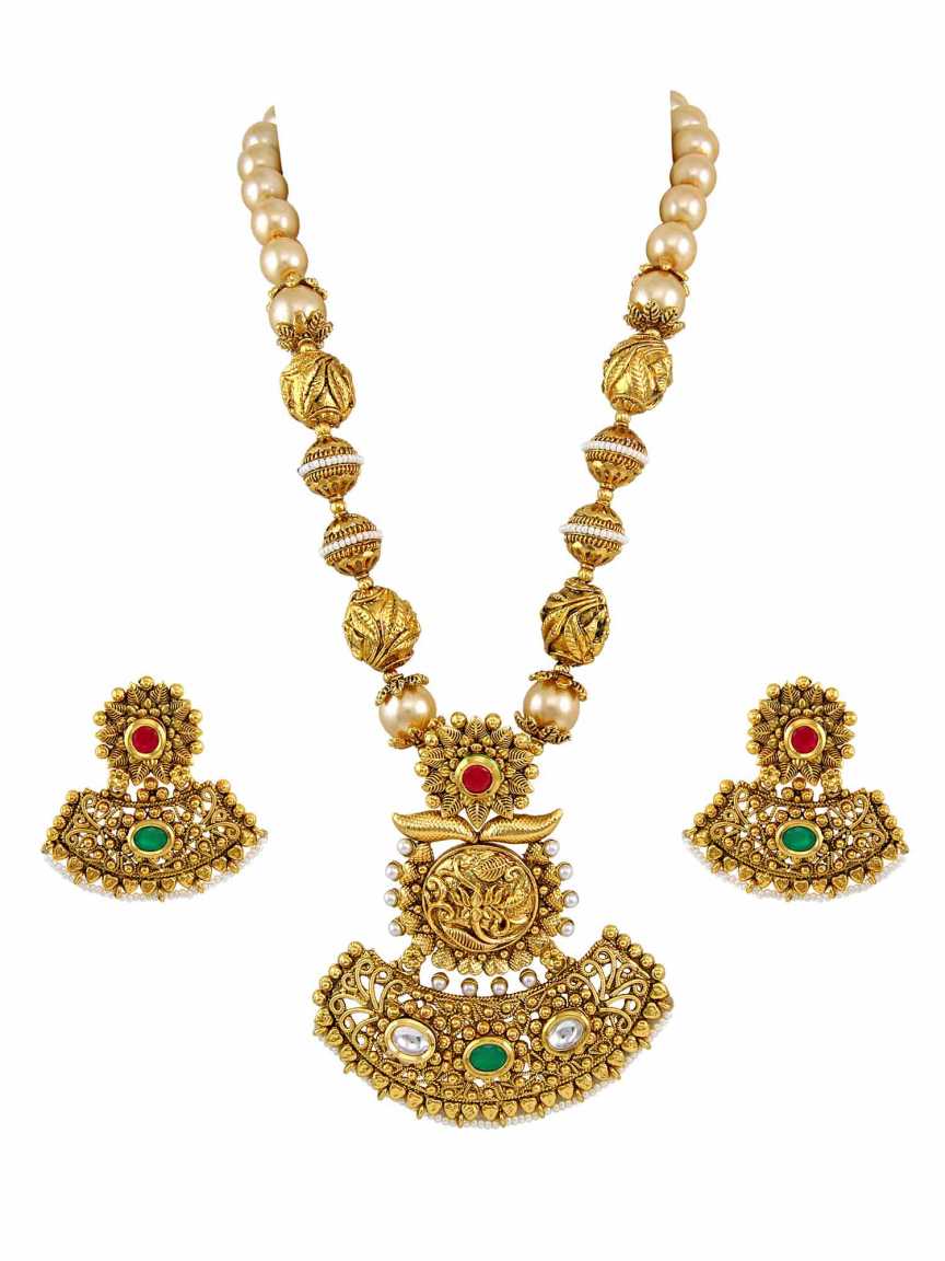 LONG NECKLACE SET WITH PENDANT in CHECKERED POLKI Style | Design - 14580