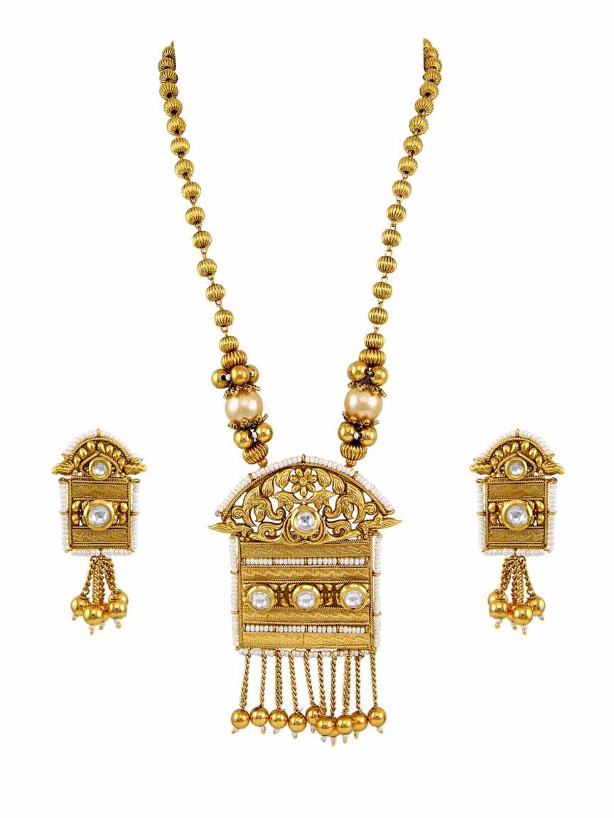 LONG NECKLACE SET WITH PENDANT in CHECKERED POLKI Style | Design - 14584