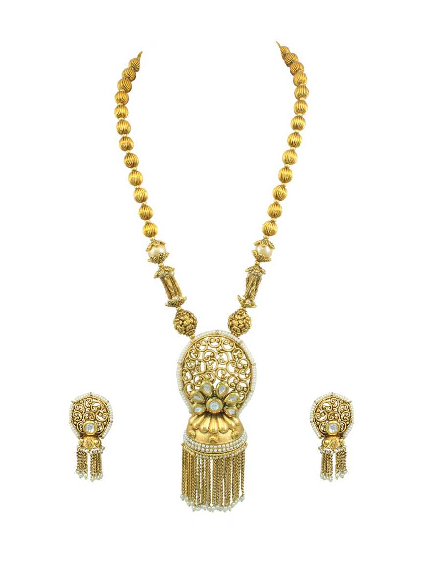 LONG NECKLACE SET WITH PENDANT in CHECKERED POLKI Style | Design - 14596