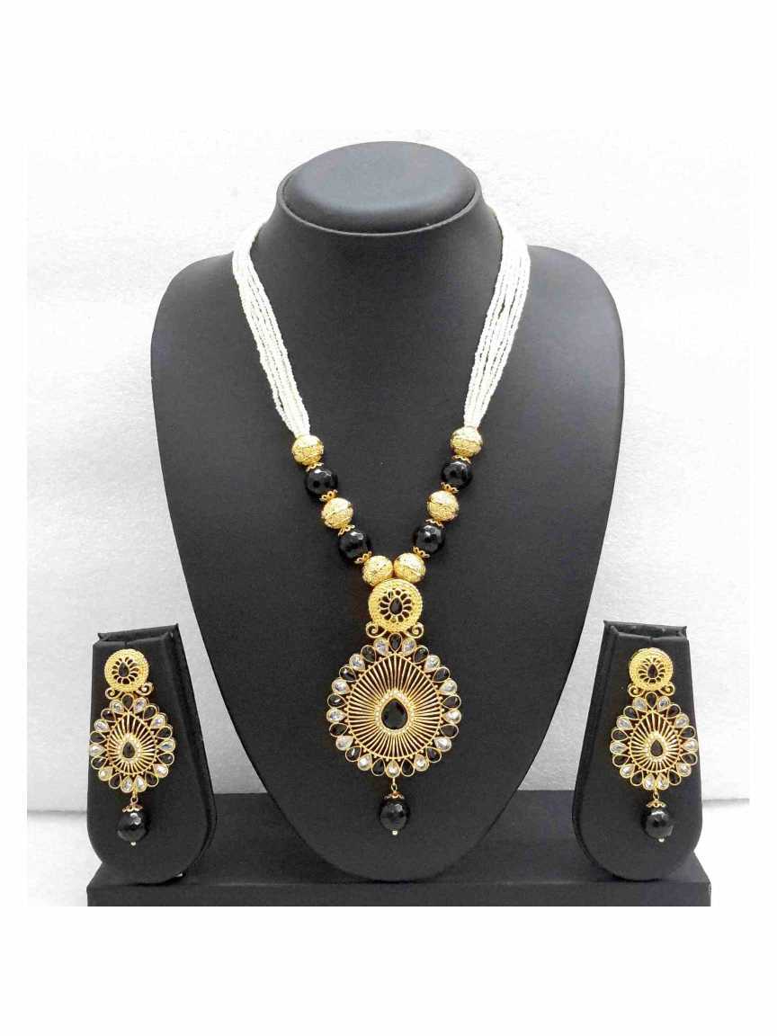 LONG NECKLACE SET WITH PENDANT in CHECKERED POLKI Style | Design - 14719