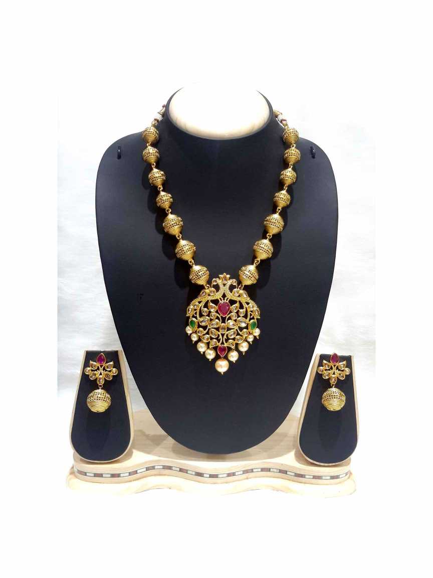 LONG NECKLACE SET WITH PENDANT in CHECKERED POLKI Style | Design - 14849