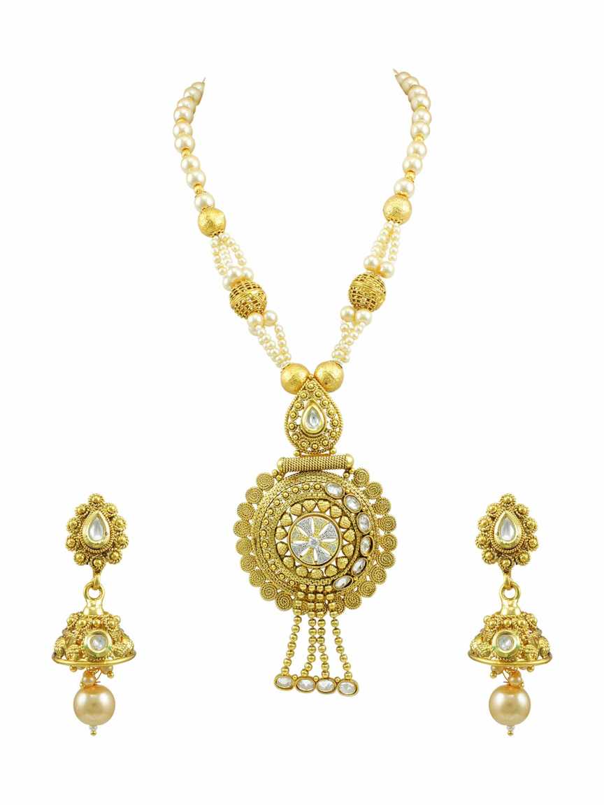 LONG NECKLACE SET WITH PENDANT in CHECKERED POLKI Style | Design - 14879