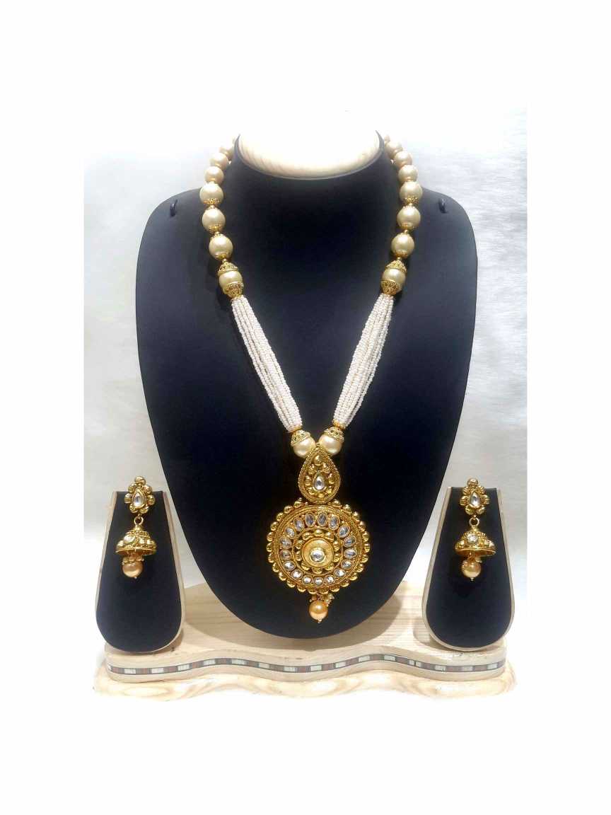 LONG NECKLACE SET WITH PENDANT in CHECKERED POLKI Style | Design - 14887