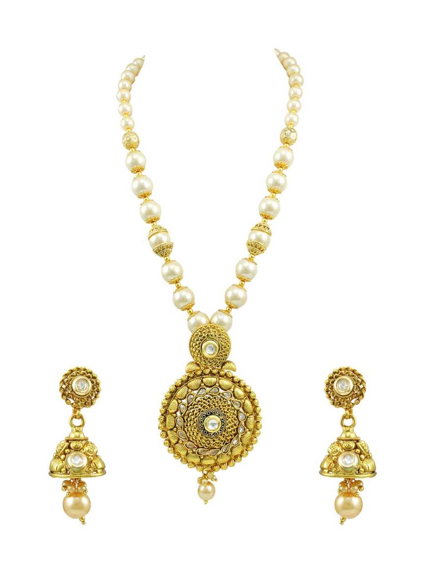 LONG NECKLACE SET WITH PENDANT in CHECKERED POLKI Style | Design - 14940