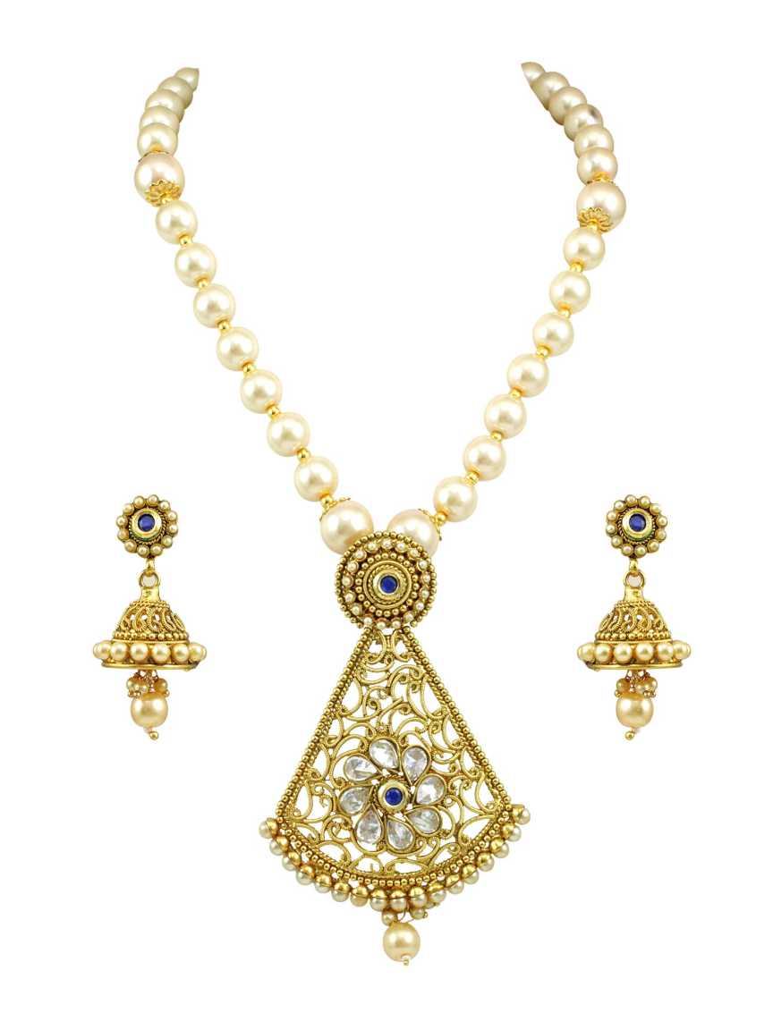 LONG NECKLACE SET WITH PENDANT in CHECKERED POLKI Style | Design - 14941