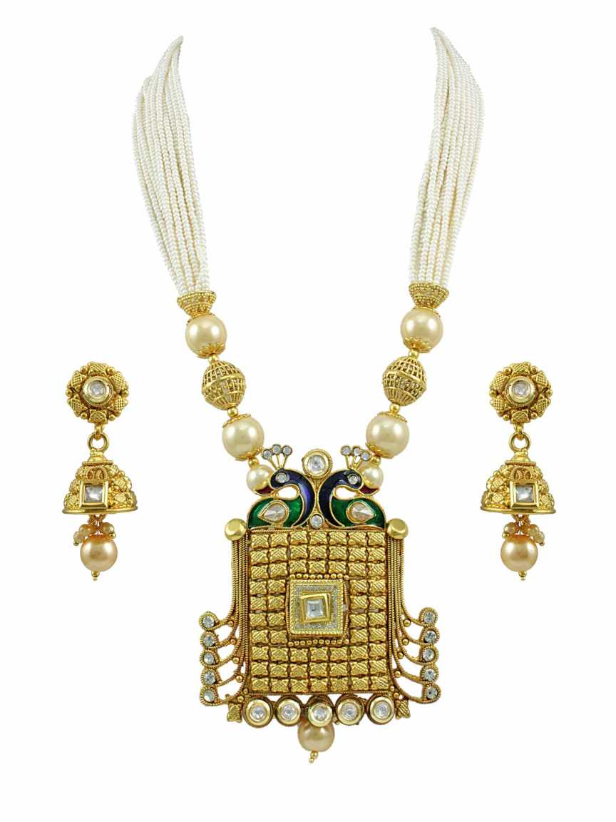 LONG NECKLACE SET WITH PENDANT in CHECKERED POLKI Style | Design - 14942