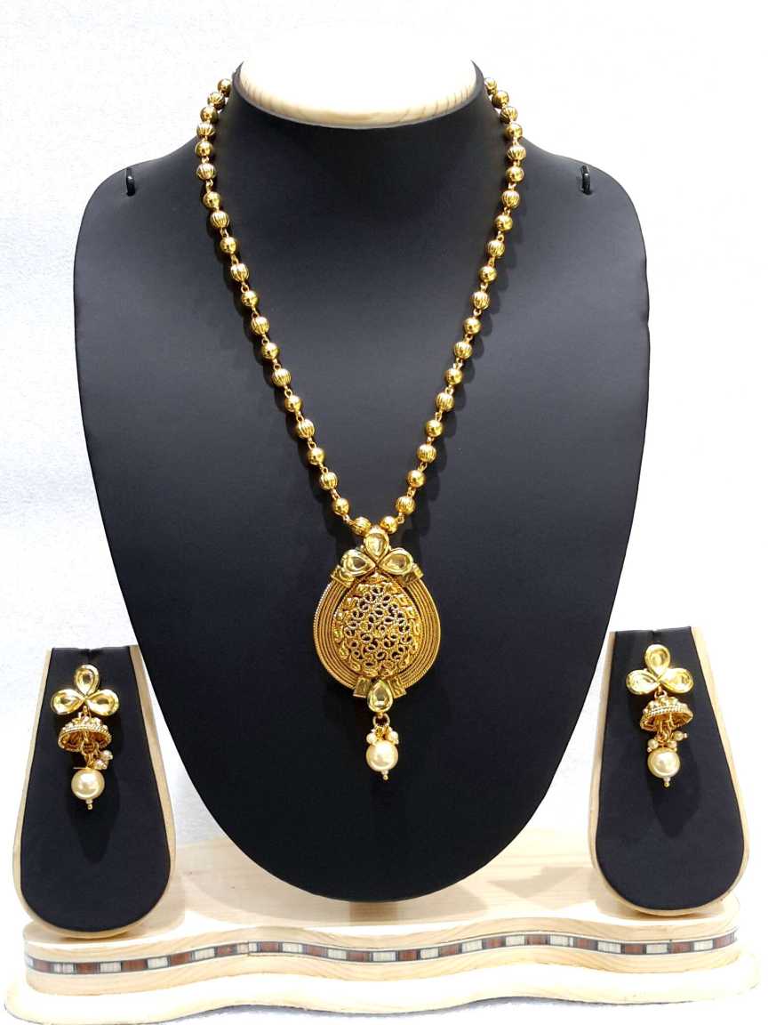 LONG NECKLACE SET WITH PENDANT in CHECKERED POLKI Style | Design - 14958