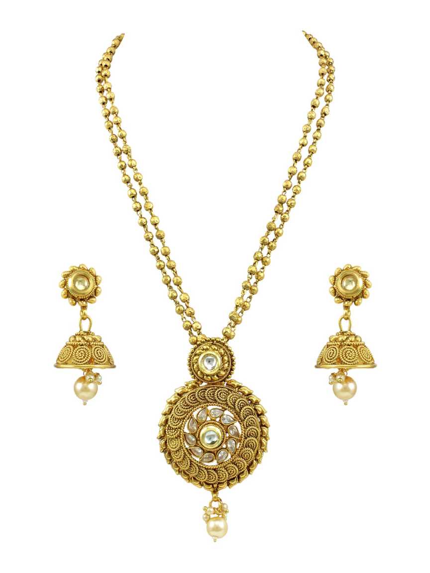 LONG NECKLACE SET WITH PENDANT in CHECKERED POLKI Style | Design - 14959