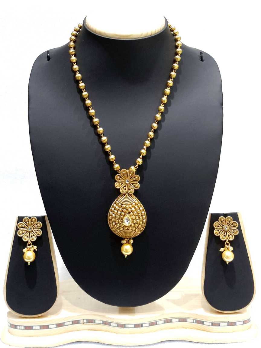 LONG NECKLACE SET WITH PENDANT in CHECKERED POLKI Style | Design - 14960