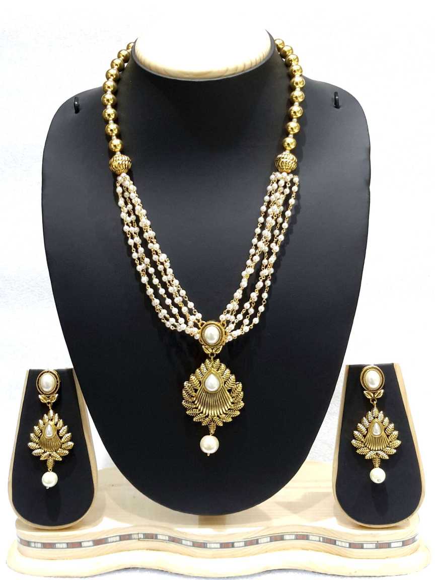 LONG NECKLACE SET WITH PENDANT in CHECKERED POLKI Style | Design - 14965