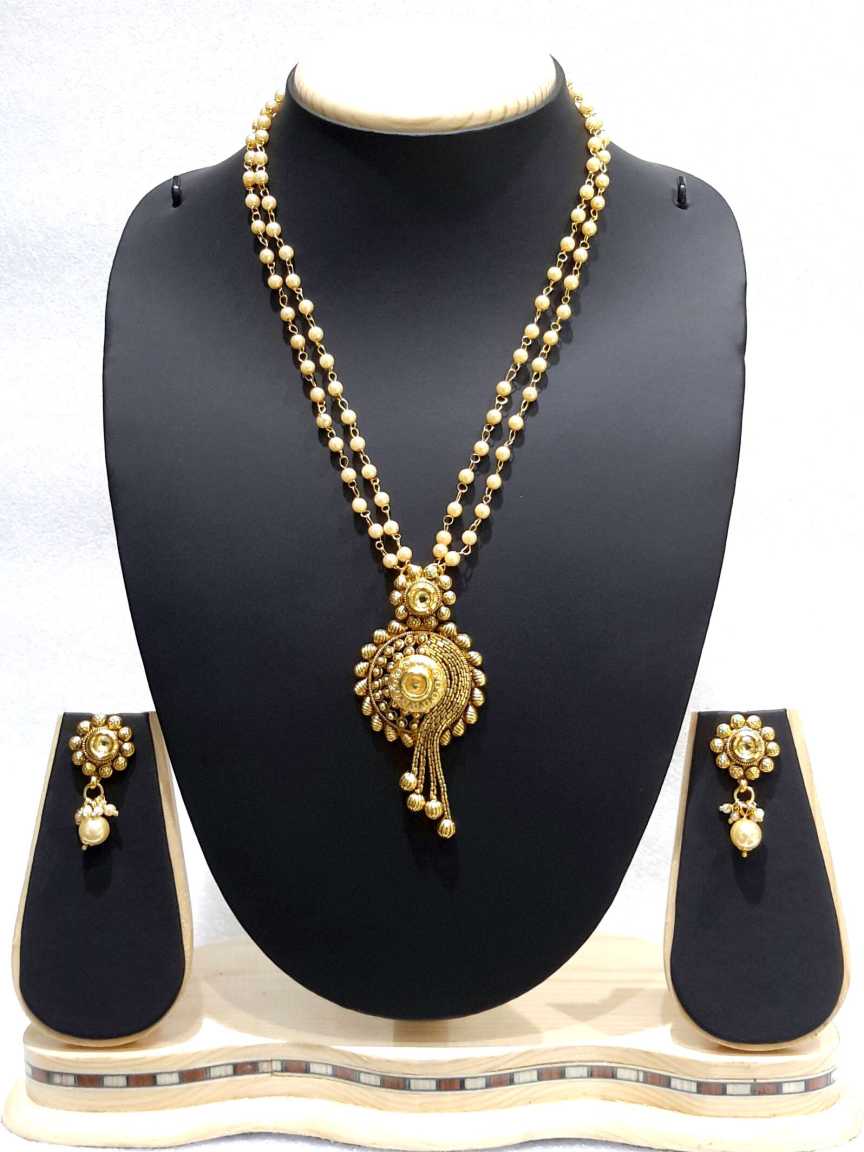 LONG NECKLACE SET WITH PENDANT in CHECKERED POLKI Style | Design - 14966