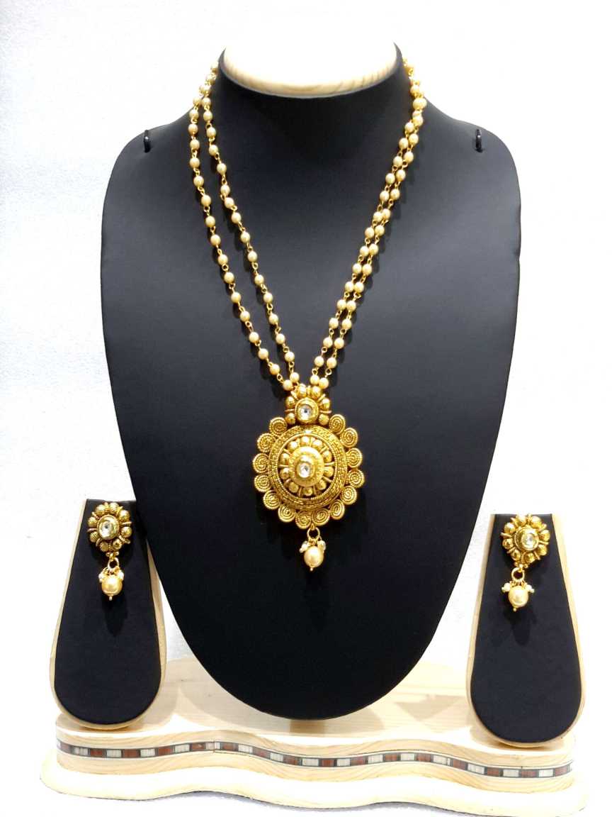 LONG NECKLACE SET WITH PENDANT in CHECKERED POLKI Style | Design - 14967