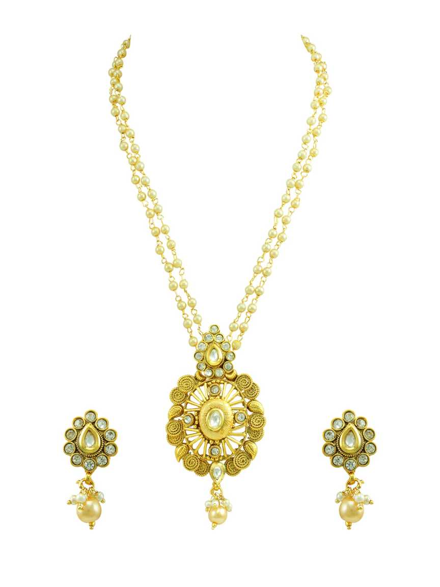 LONG NECKLACE SET WITH PENDANT in CHECKERED POLKI Style | Design - 14969