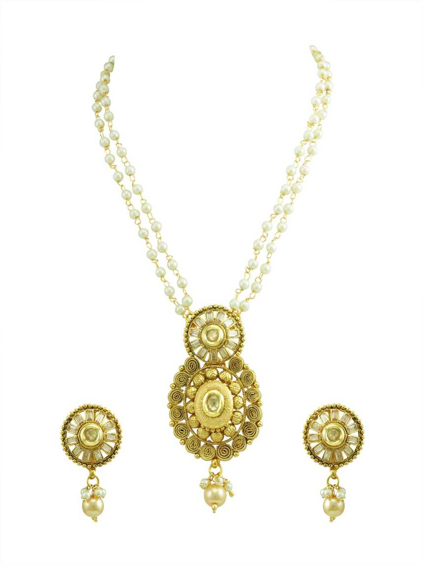 LONG NECKLACE SET WITH PENDANT in CHECKERED POLKI Style | Design - 14970