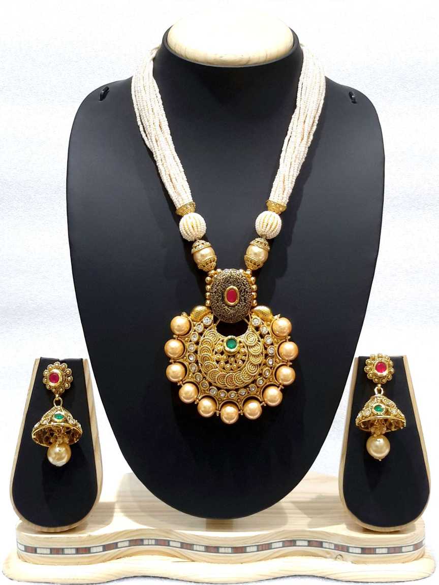 LONG NECKLACE SET WITH PENDANT in CHECKERED POLKI Style | Design - 14983