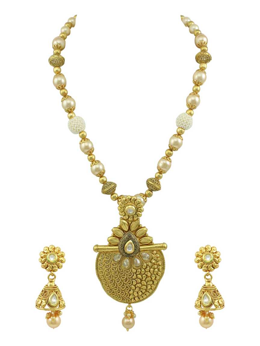LONG NECKLACE SET WITH PENDANT in CHECKERED POLKI Style | Design - 14988