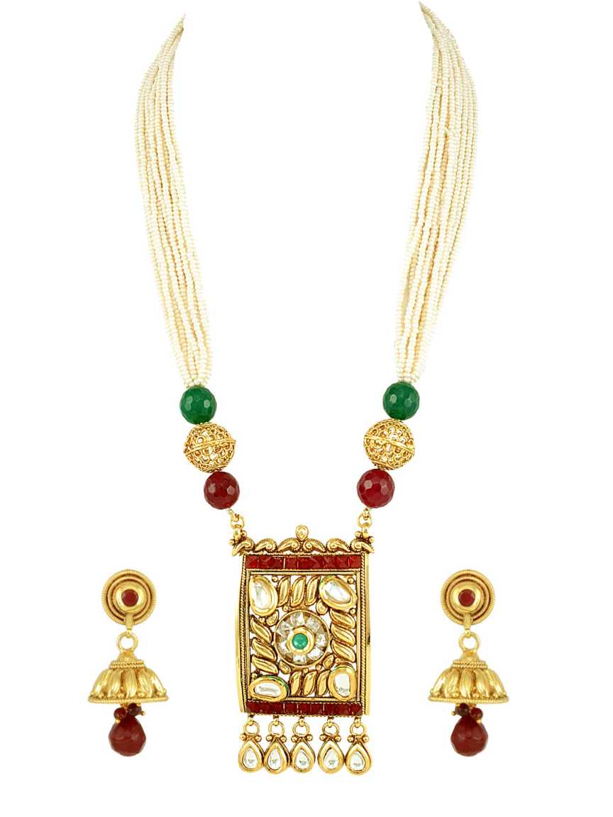 LONG NECKLACE SET WITH PENDANT in CHECKERED POLKI Style | Design - 15051