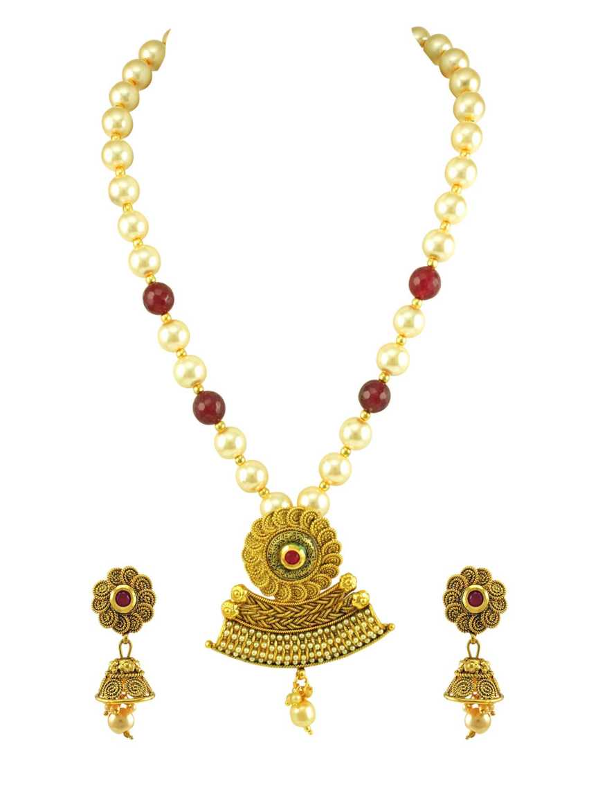 LONG NECKLACE SET WITH PENDANT in CHECKERED POLKI Style | Design - 15074
