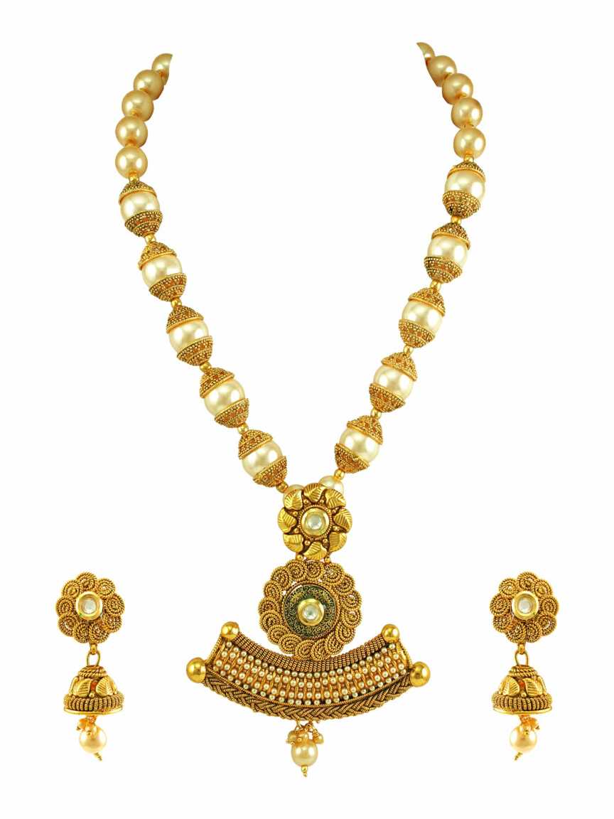 LONG NECKLACE SET WITH PENDANT in CHECKERED POLKI Style | Design - 15077