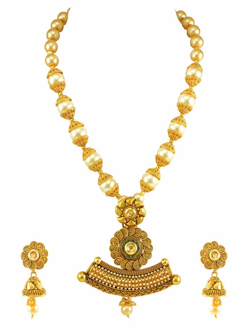 LONG NECKLACE SET WITH PENDANT in CHECKERED POLKI Style | Design - 15077