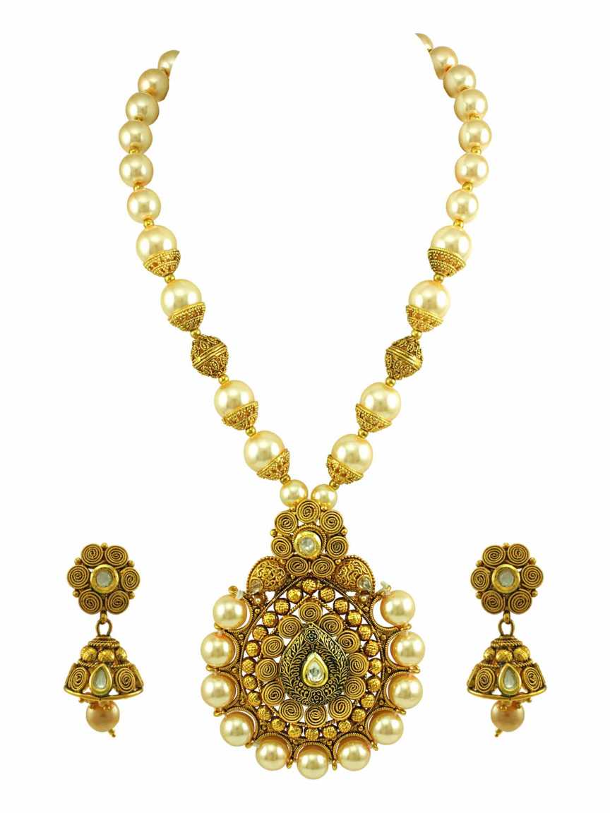 LONG NECKLACE SET WITH PENDANT in CHECKERED POLKI Style | Design - 15078