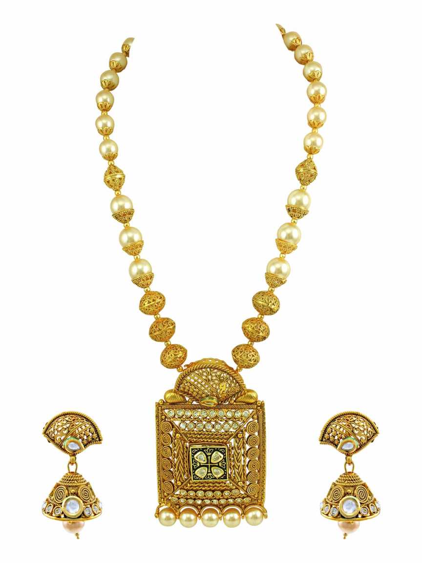 LONG NECKLACE SET WITH PENDANT in CHECKERED POLKI Style | Design - 15081