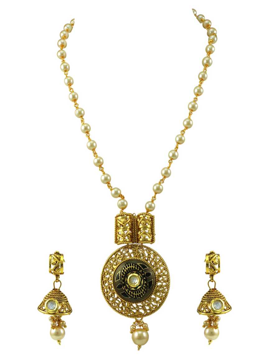 LONG NECKLACE SET WITH PENDANT in CHECKERED POLKI Style | Design - 15179