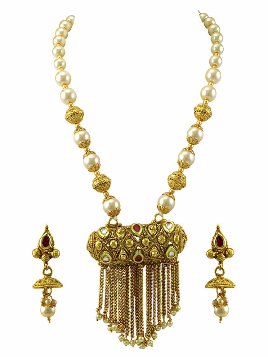 LONG NECKLACE SET WITH PENDANT in CHECKERED POLKI Style | Design - 15186