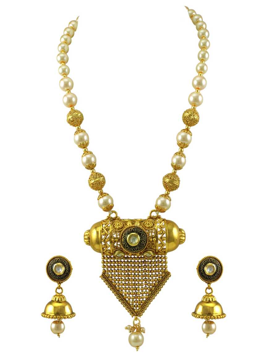 LONG NECKLACE SET WITH PENDANT in CHECKERED POLKI Style | Design - 15189