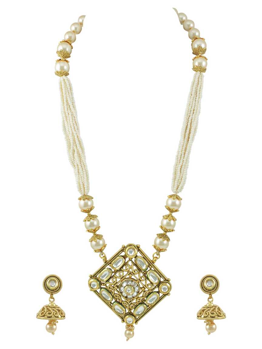 LONG NECKLACE SET WITH PENDANT in CHECKERED POLKI Style | Design - 15233