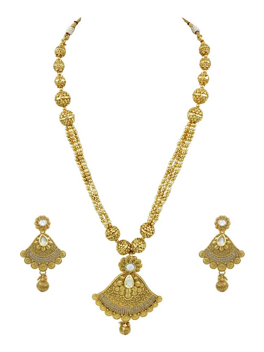 LONG NECKLACE SET WITH PENDANT in CHECKERED POLKI Style | Design - 15312