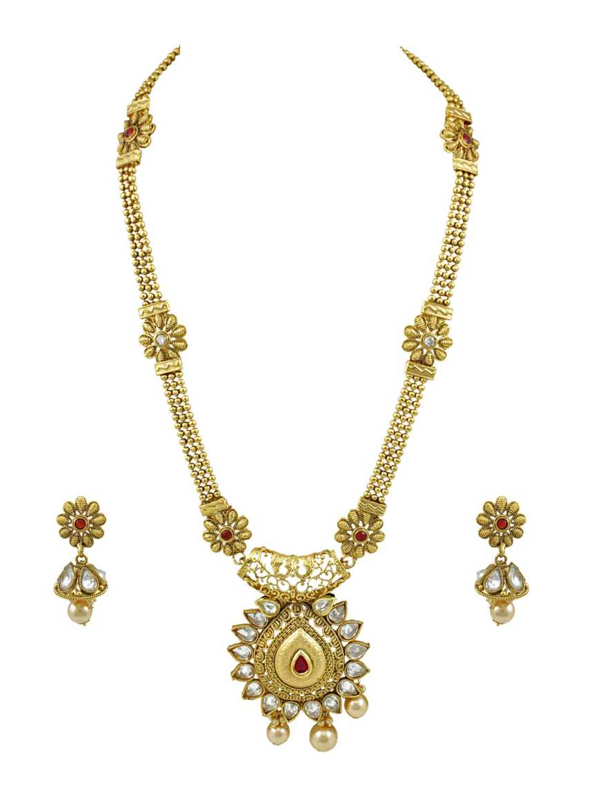 LONG NECKLACE SET WITH PENDANT in CHECKERED POLKI Style | Design - 15316