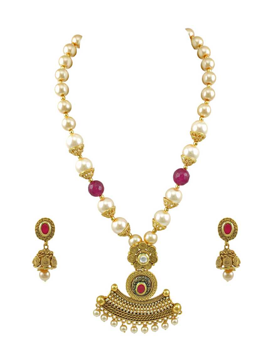LONG NECKLACE SET WITH PENDANT in CHECKERED POLKI Style | Design - 15334