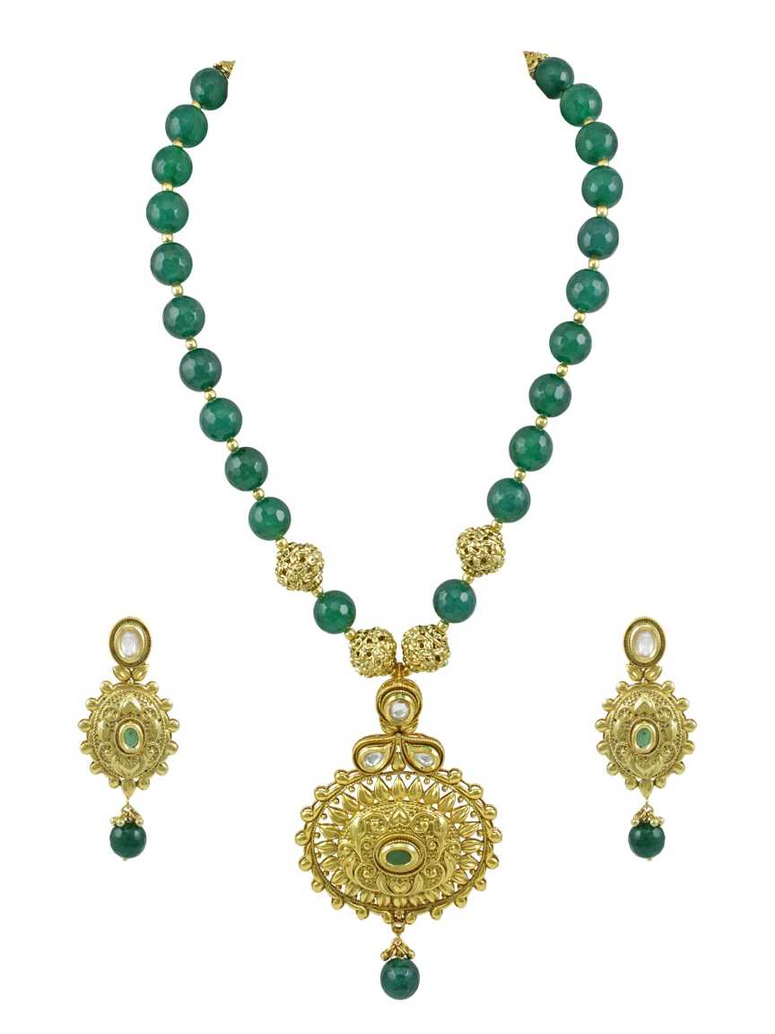LONG NECKLACE SET WITH PENDANT in CHECKERED POLKI Style | Design - 15336